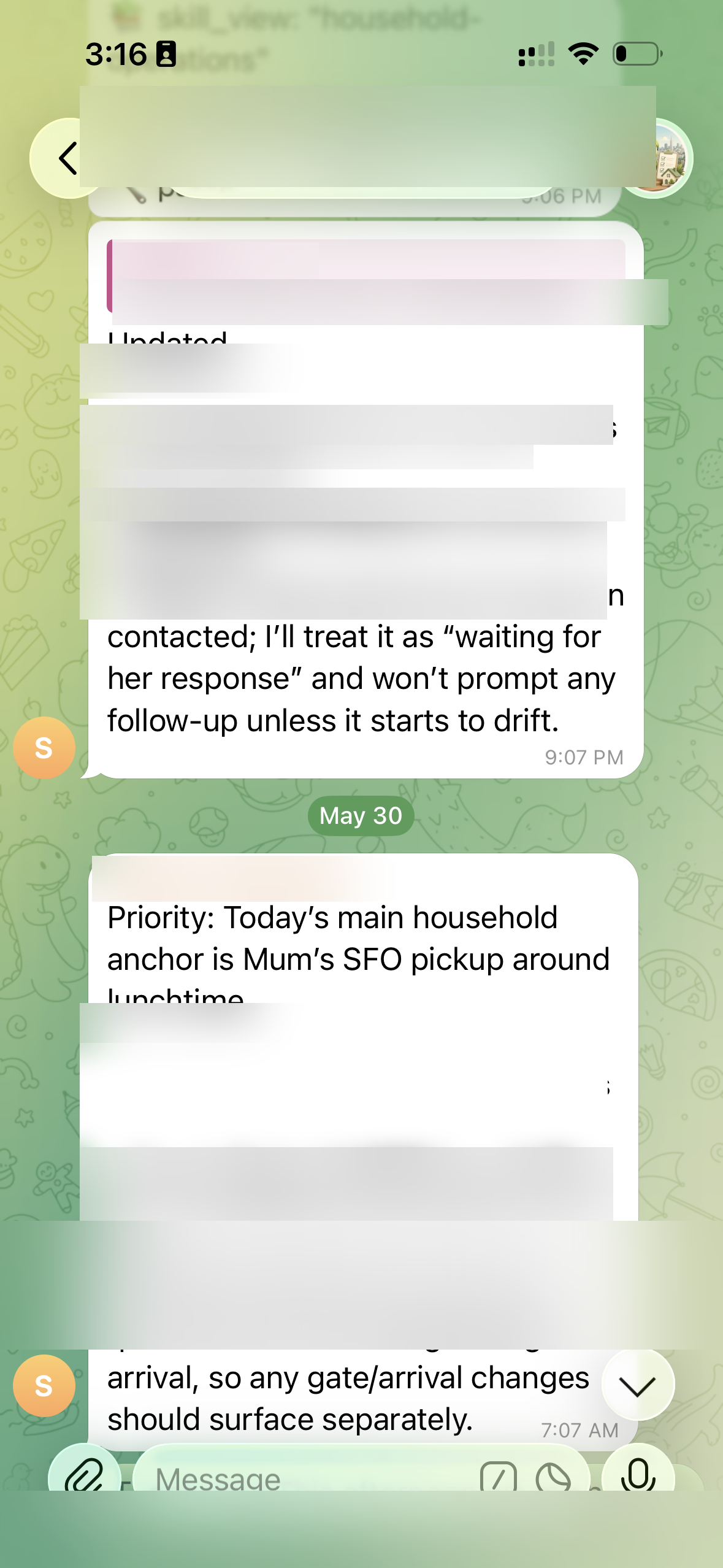 Hermes coordinating family logistics over Telegram