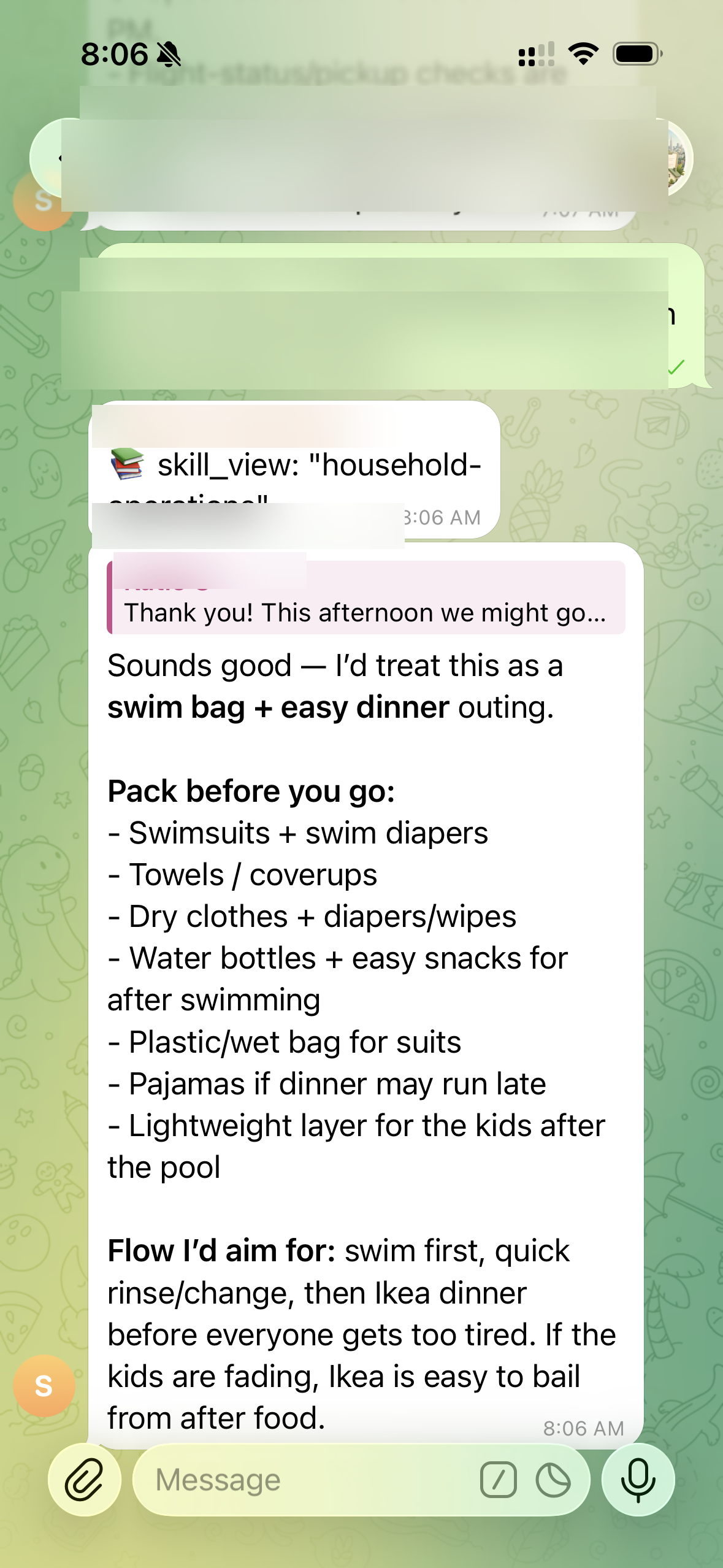 Hermes building a packing list for a spontaneous pool trip